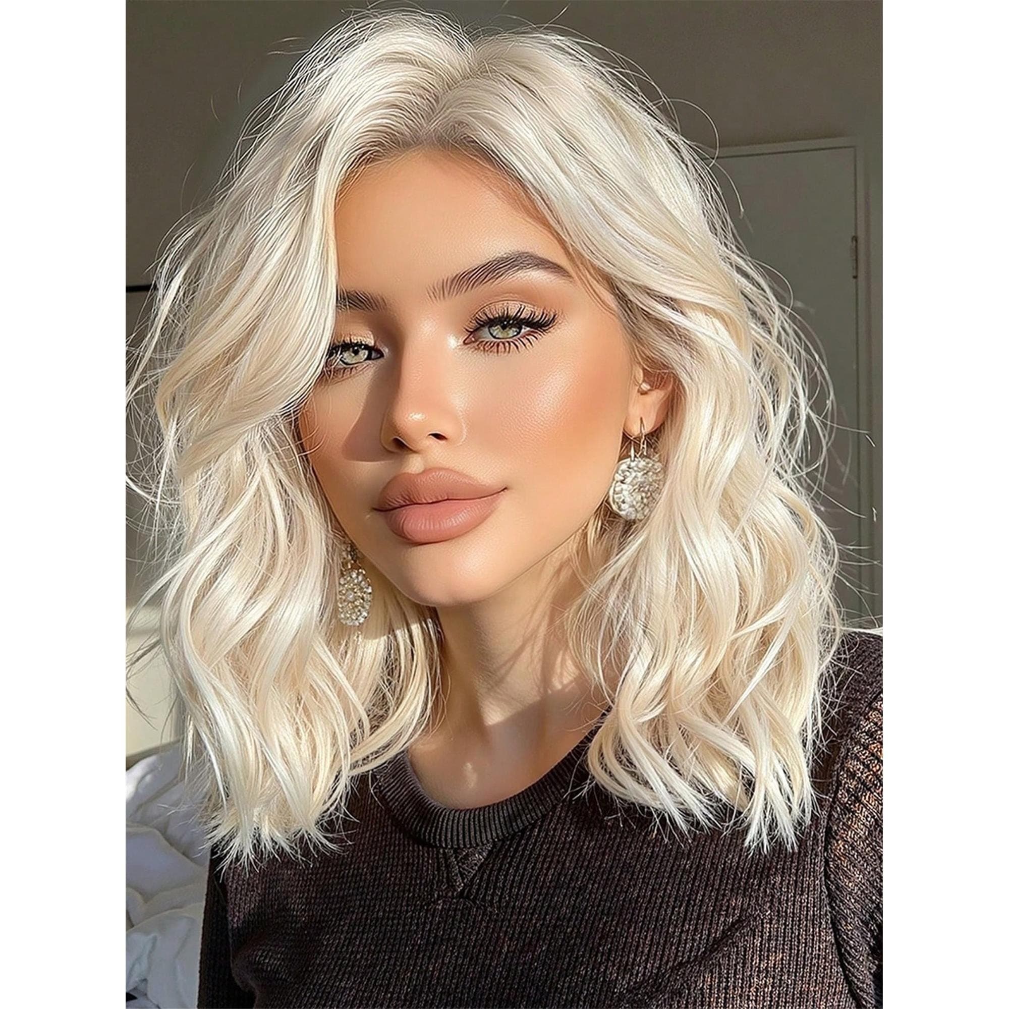 Blonde 16 Inch Wigs For Women Girls Short Curly Wavy Hair Wig Light Blond Shoulder Length Body Wave Halloween Cosplay Daily