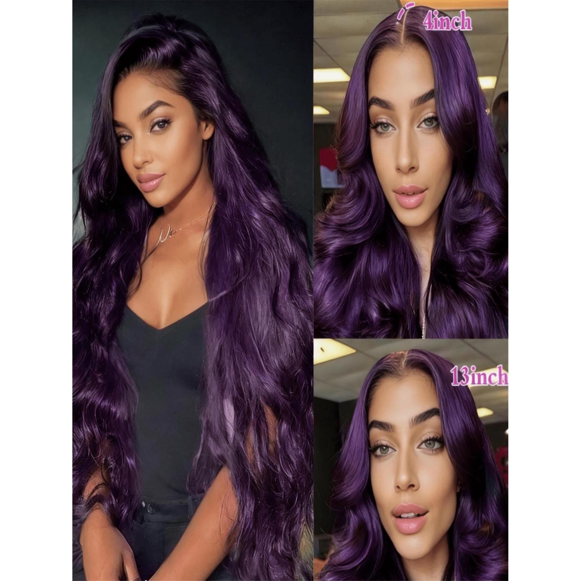 Dark Purple 13x4 HD Transparent Body Wave Lace Front Wigs Human Hair 250 Density Lace Closure Wigs Human Hair Pre Plucked 22-24 inches!! - Thumbnail 4