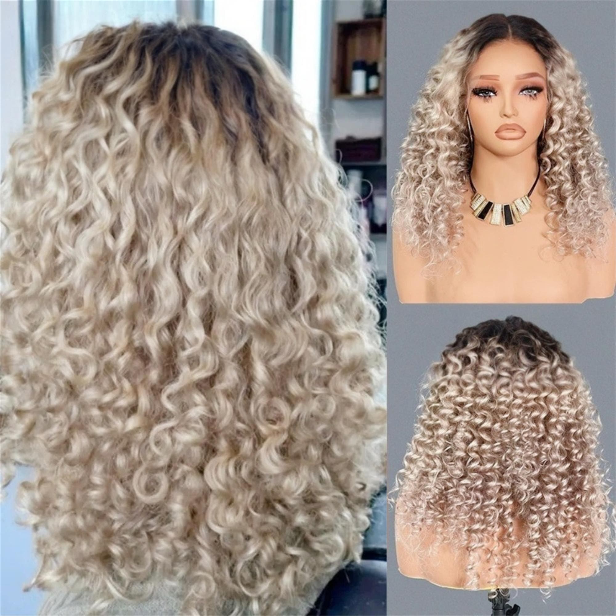 Glueless 13x4 HD Lace Front Wig Suitable for Women - Ombre Ash Blonde to Blonde Short Curly Synthetic Hair Wigs with Pre-Plucked Hair Heat - Thumbnail 2