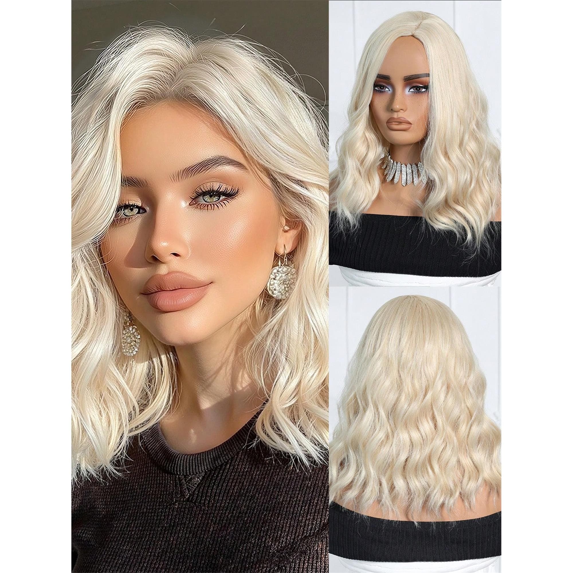 Blonde 16 Inch Wigs For Women Girls Short Curly Wavy Hair Wig Light Blond Shoulder Length Body Wave Halloween Cosplay Daily - Thumbnail 2