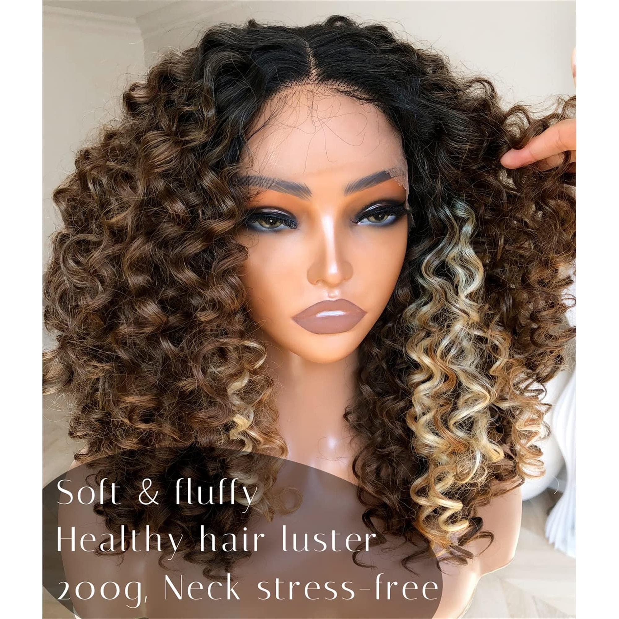 Highlight Lace Front Wig 16Inch Pre Plucked Glueless HD Lace Big Curly Wig for Black Women Framing Highlights Brown - Thumbnail 4