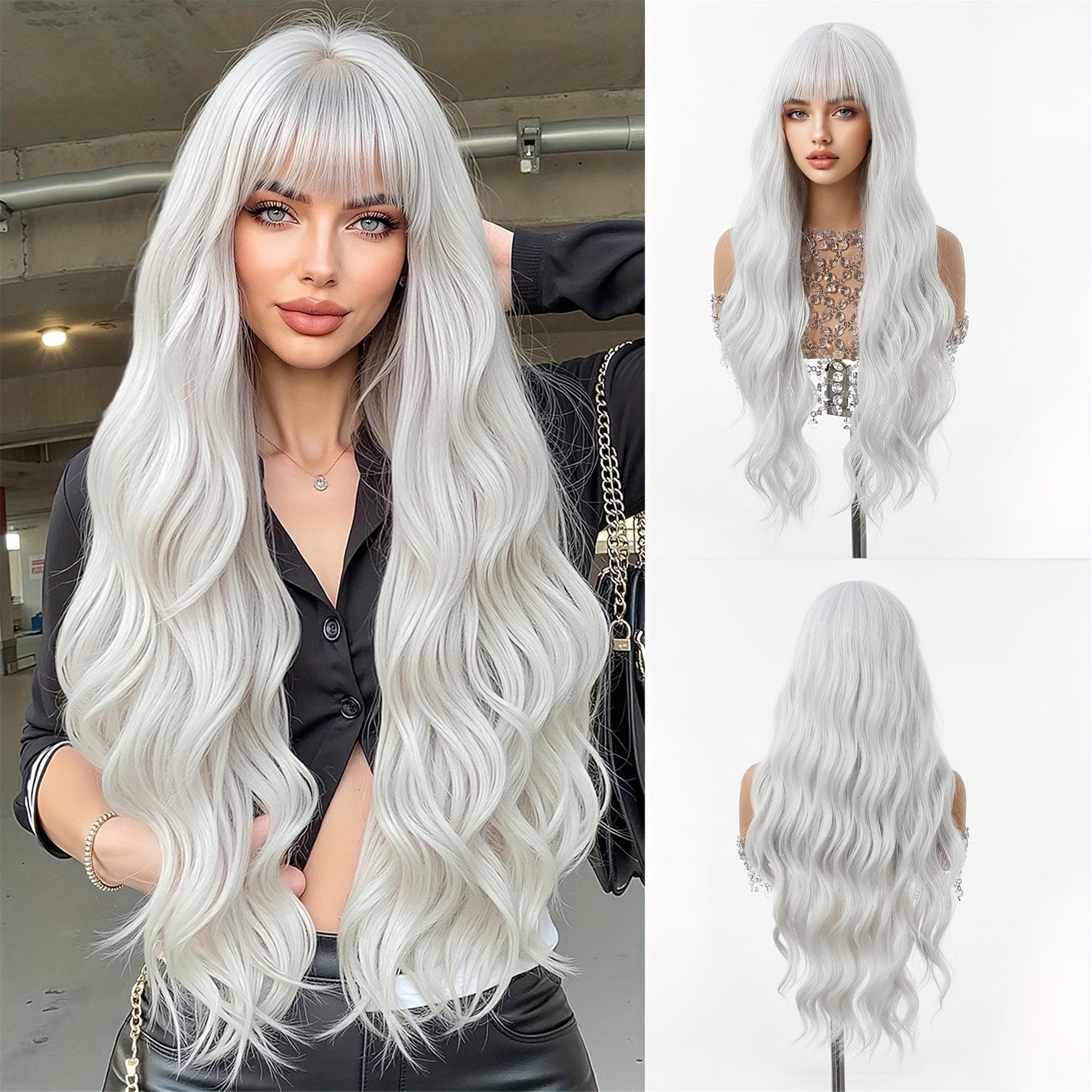 White Curly Wave Rose Net Wig with Bangs - Thumbnail 7