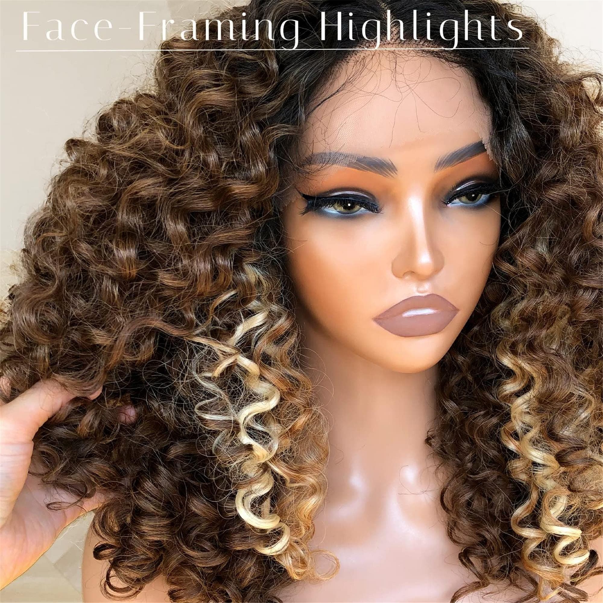 Highlight Lace Front Wig 16Inch Pre Plucked Glueless HD Lace Big Curly Wig for Black Women Framing Highlights Brown - Thumbnail 6