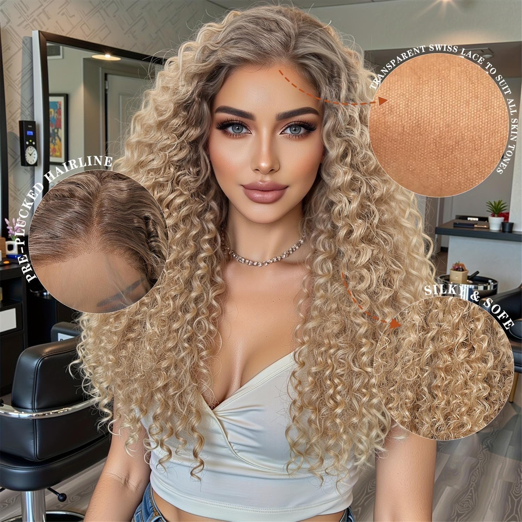 13x4 HD Transparent Lace Front Wig 30Inch Highlight Golden Color Curly Wave Pre Plucked