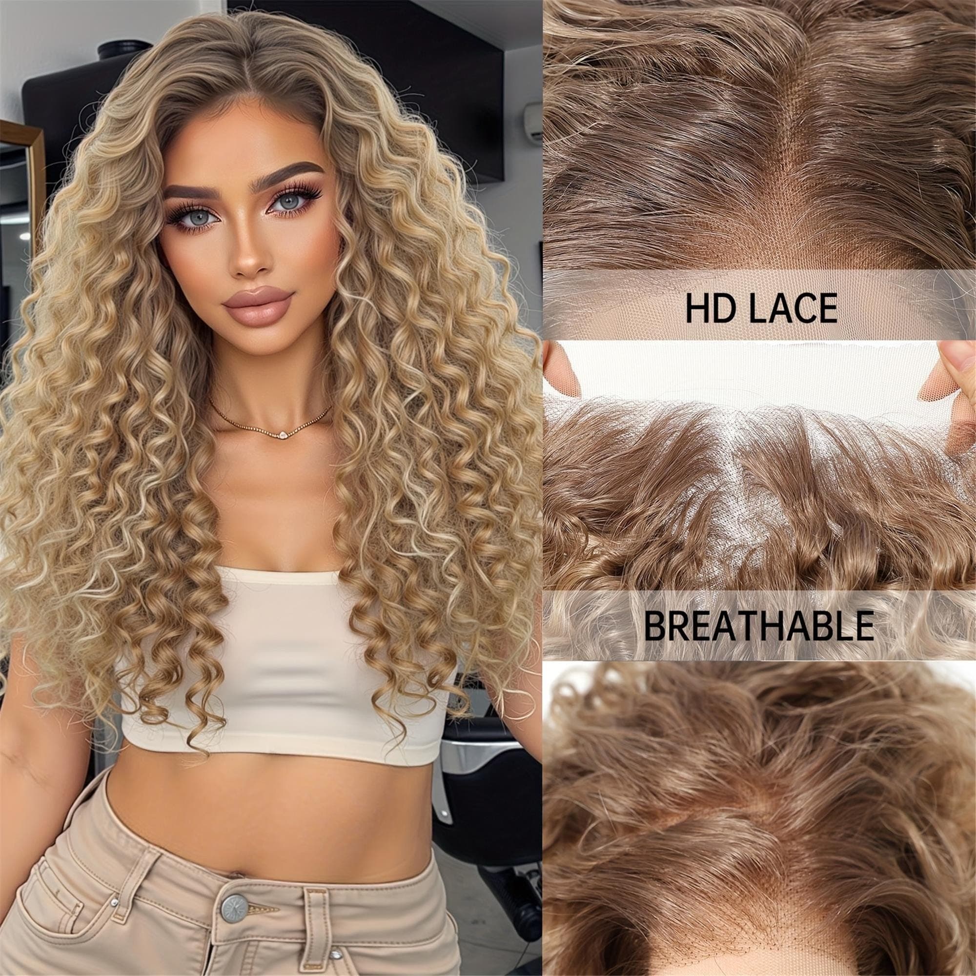 13x4 HD Transparent Lace Front Wig 30Inch Highlight Golden Color Curly Wave Pre Plucked - Thumbnail 2