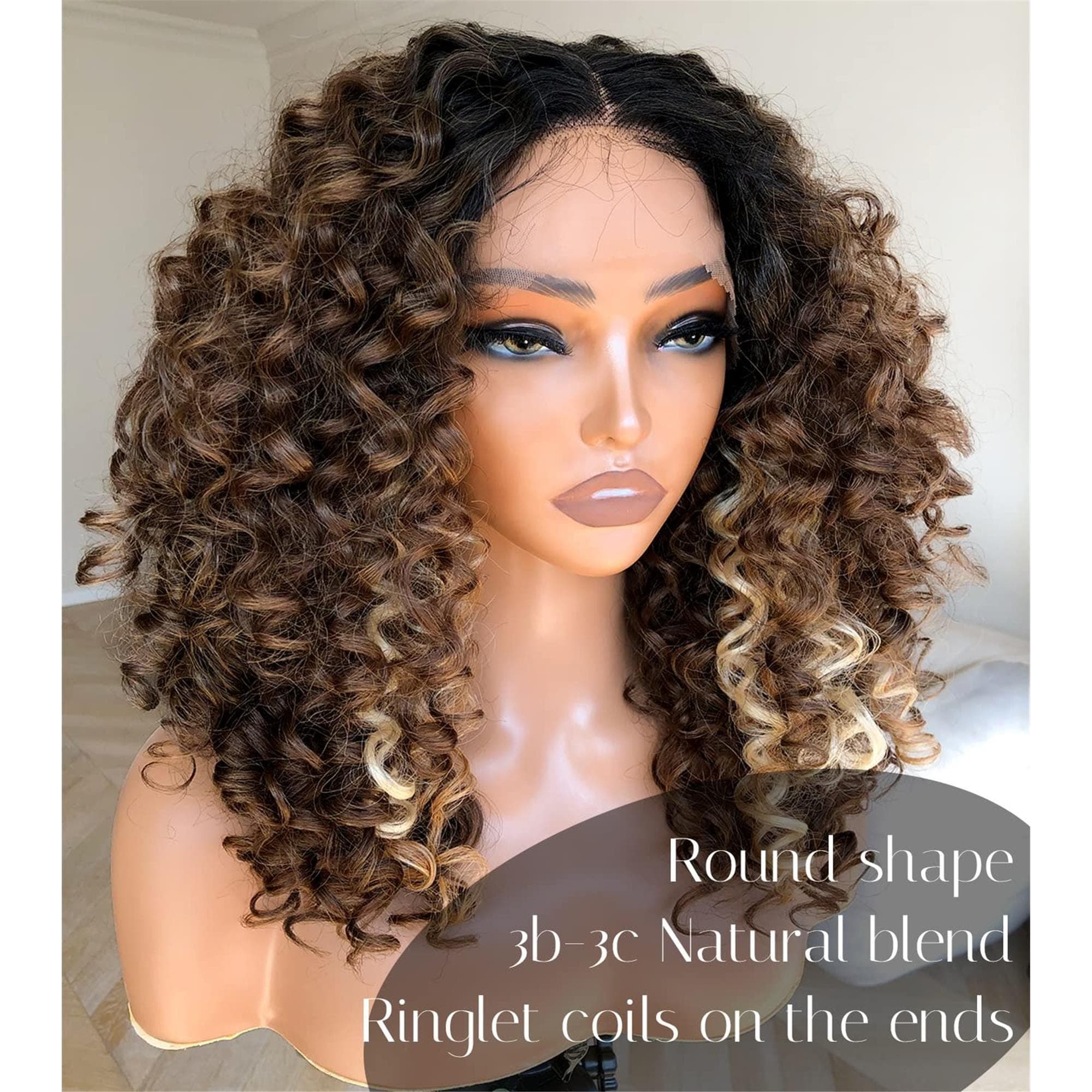 Highlight Lace Front Wig 16Inch Pre Plucked Glueless HD Lace Big Curly Wig for Black Women Framing Highlights Brown - Thumbnail 3