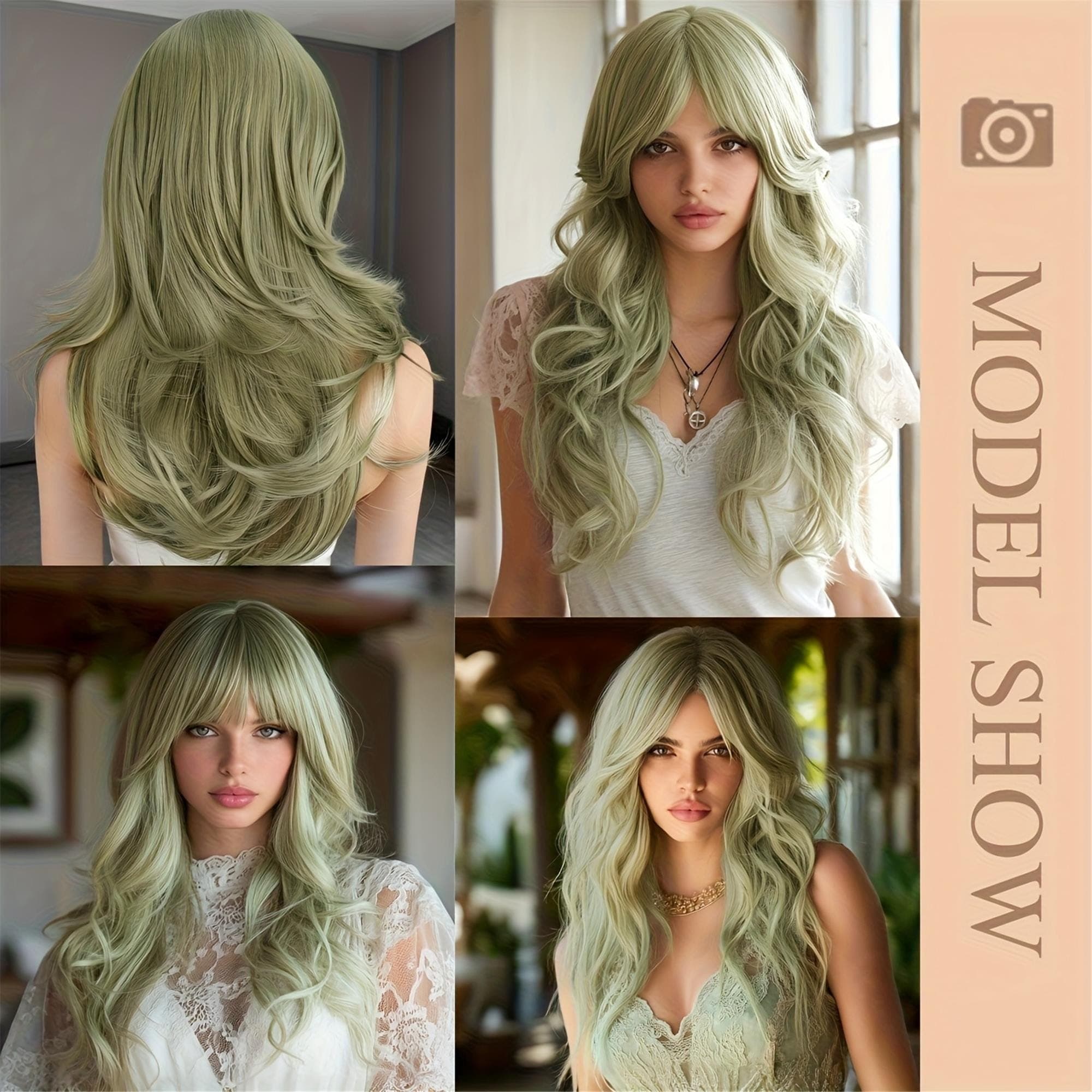 Layered Pistachio Green Wavy Wigs for Women | Charming Long Hair with -Looking Voluminous Curls - Thumbnail 7