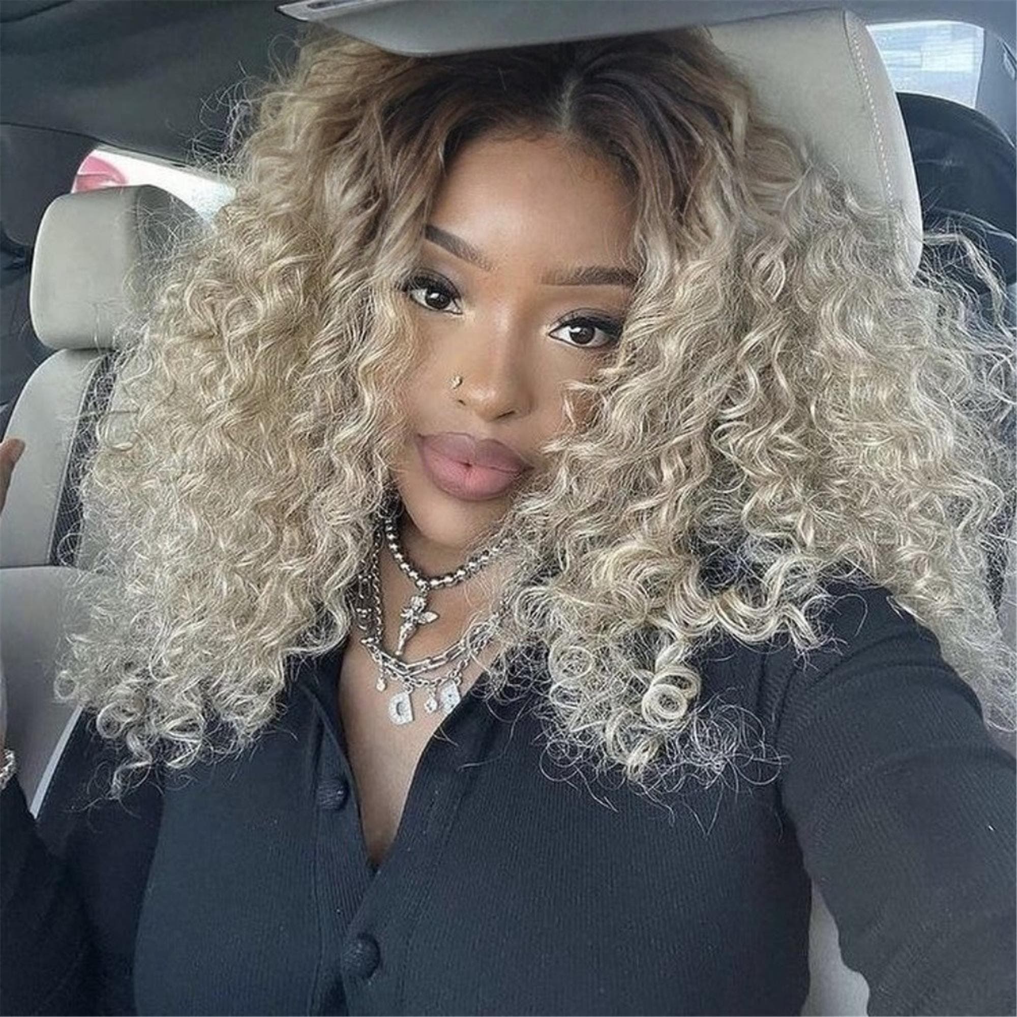 Glueless 13x4 HD Lace Front Wig Suitable for Women - Ombre Ash Blonde to Blonde Short Curly Synthetic Hair Wigs with Pre-Plucked Hair Heat - Thumbnail 3