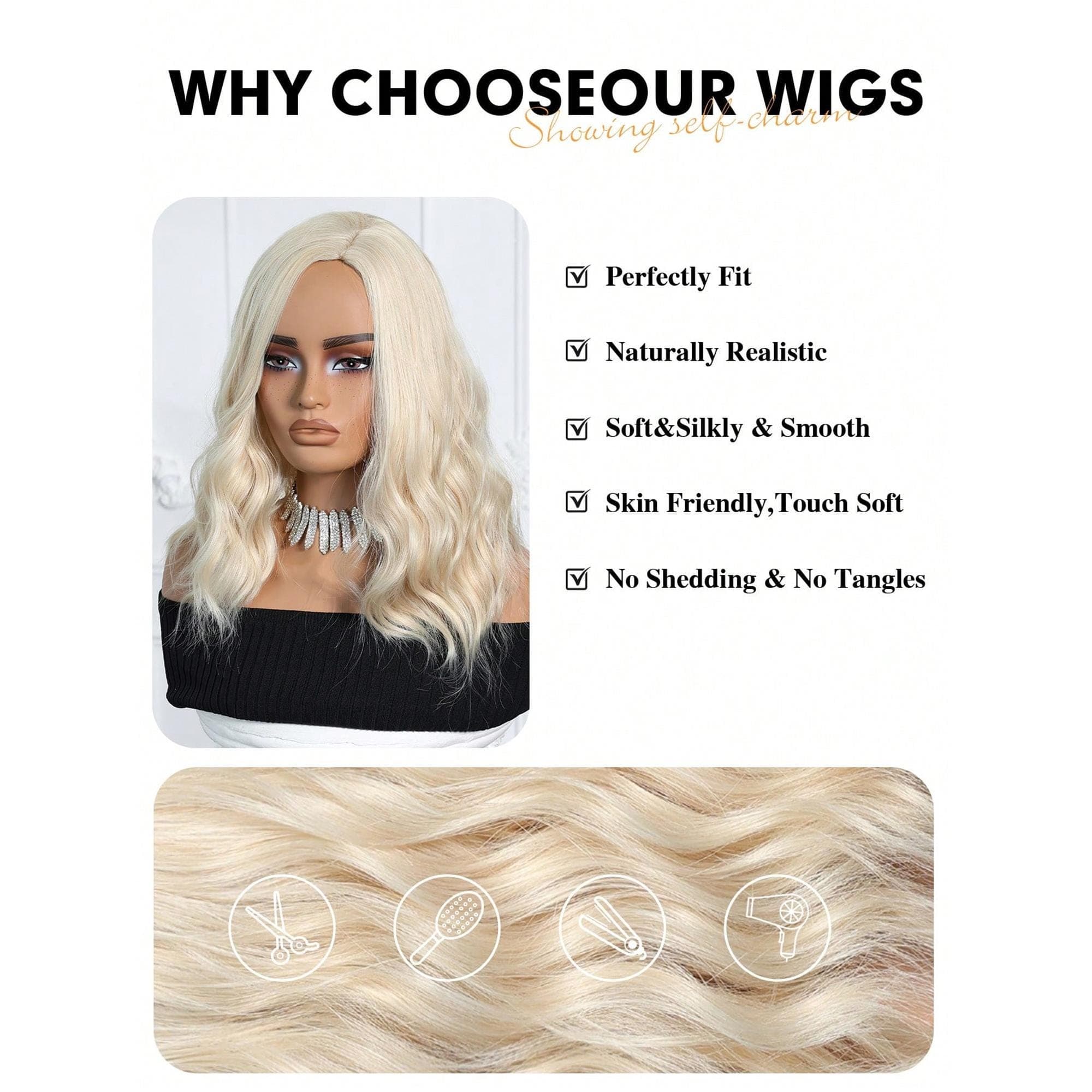 Blonde 16 Inch Wigs For Women Girls Short Curly Wavy Hair Wig Light Blond Shoulder Length Body Wave Halloween Cosplay Daily - Thumbnail 7