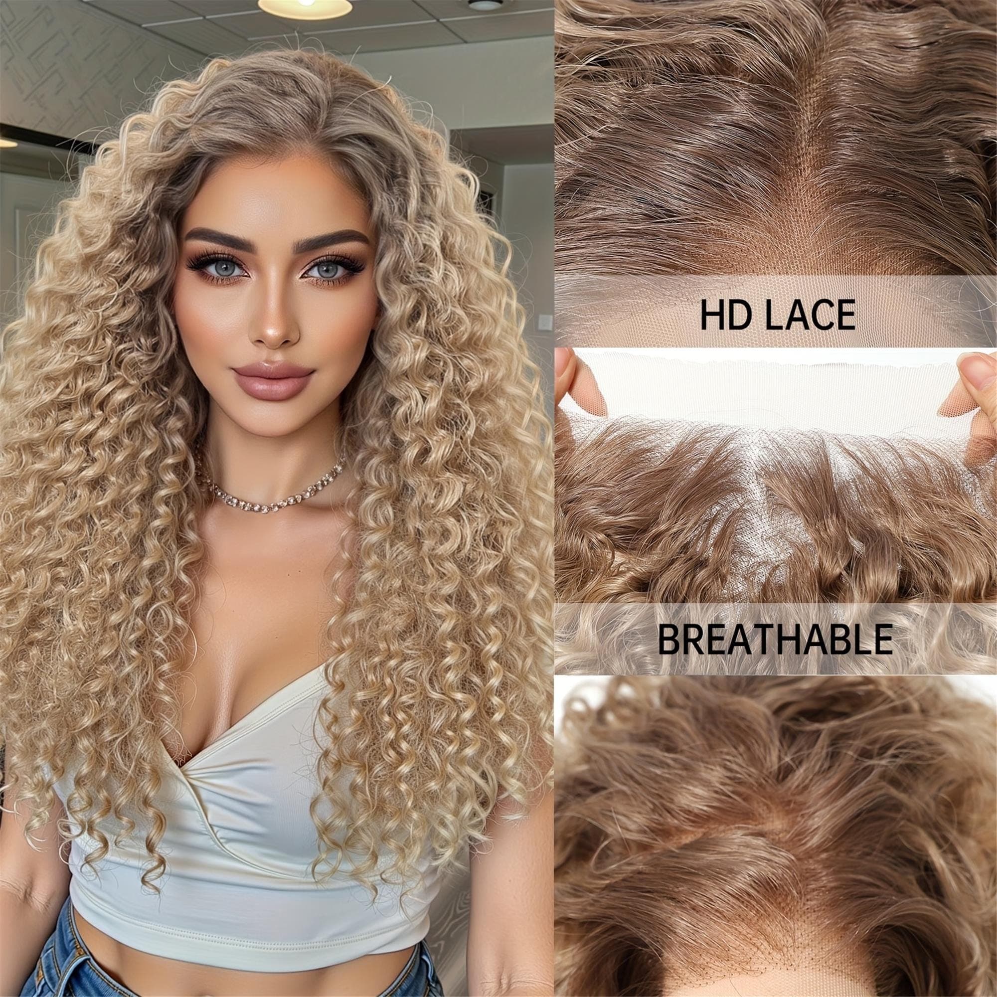 13x4 HD Transparent Lace Front Wig 30Inch Highlight Golden Color Curly Wave Pre Plucked - Thumbnail 3