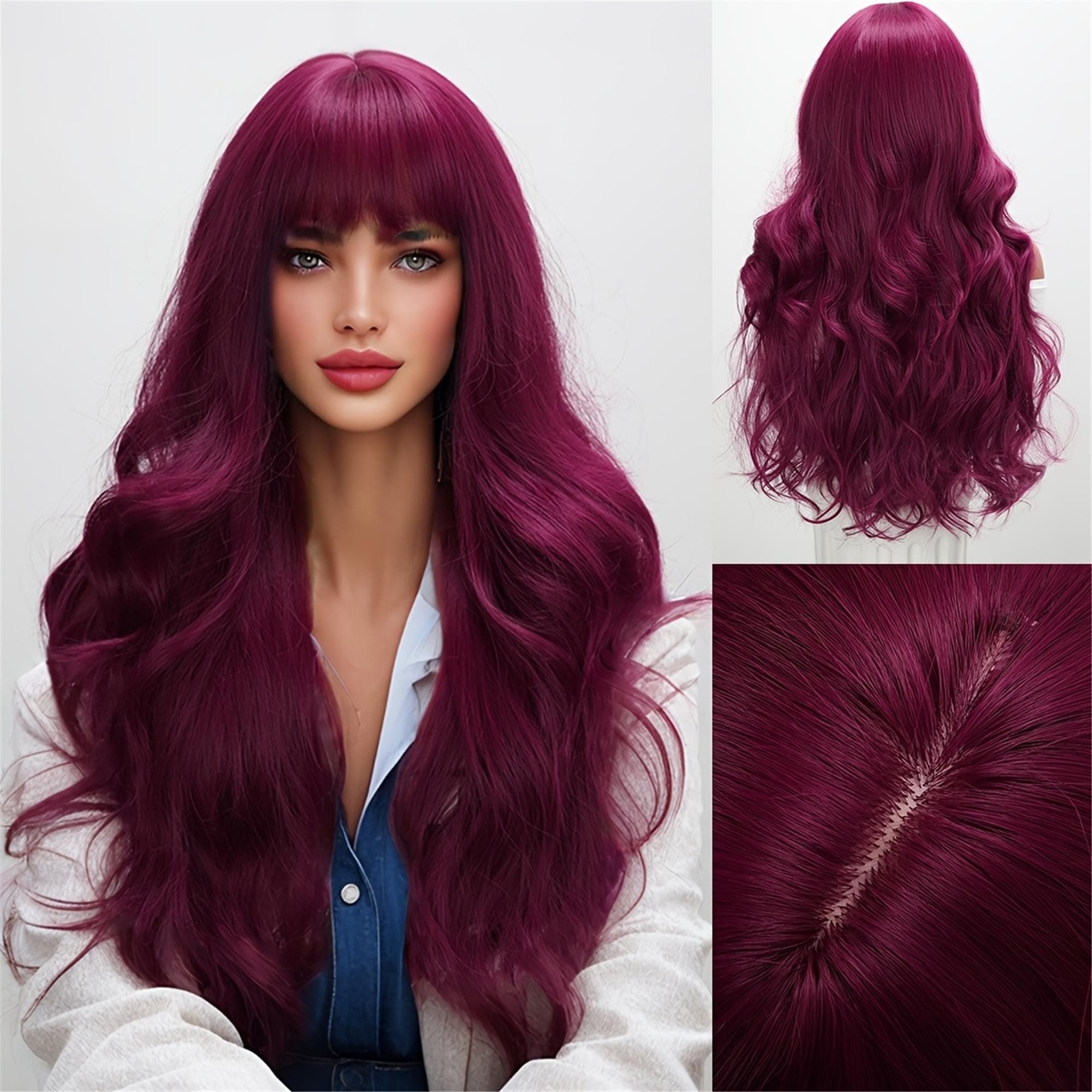 26-inch Burgundy Wavy Synthetic Wig with Bangs for Women - Heat Resistant Ideal for Casual Attire and Cosplay Wig Accessories Synthetic Wig