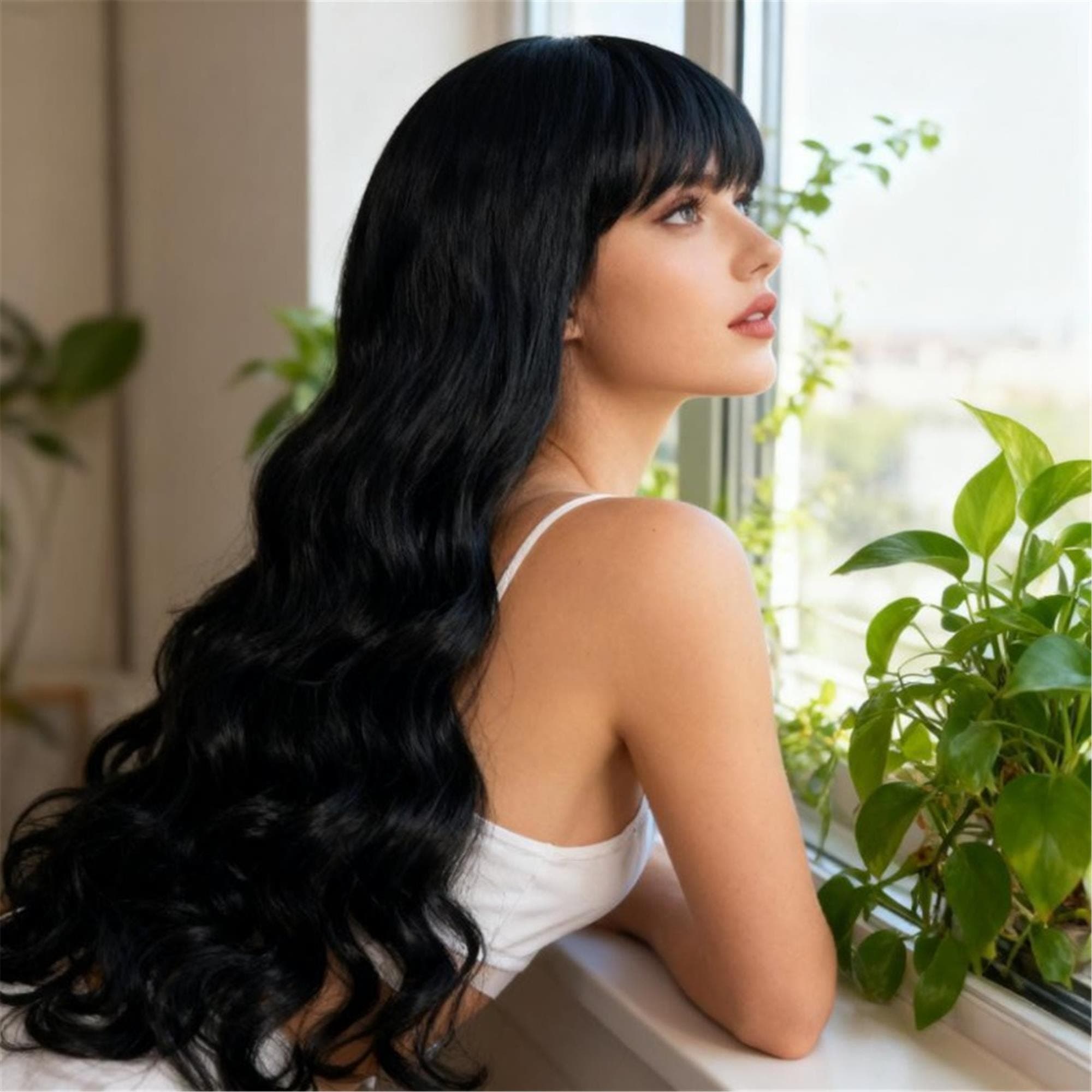 Natural Air Bangs Long Curly Wig - Synthetic Full Head Curly Hair Instant Volume Length - Thumbnail 3