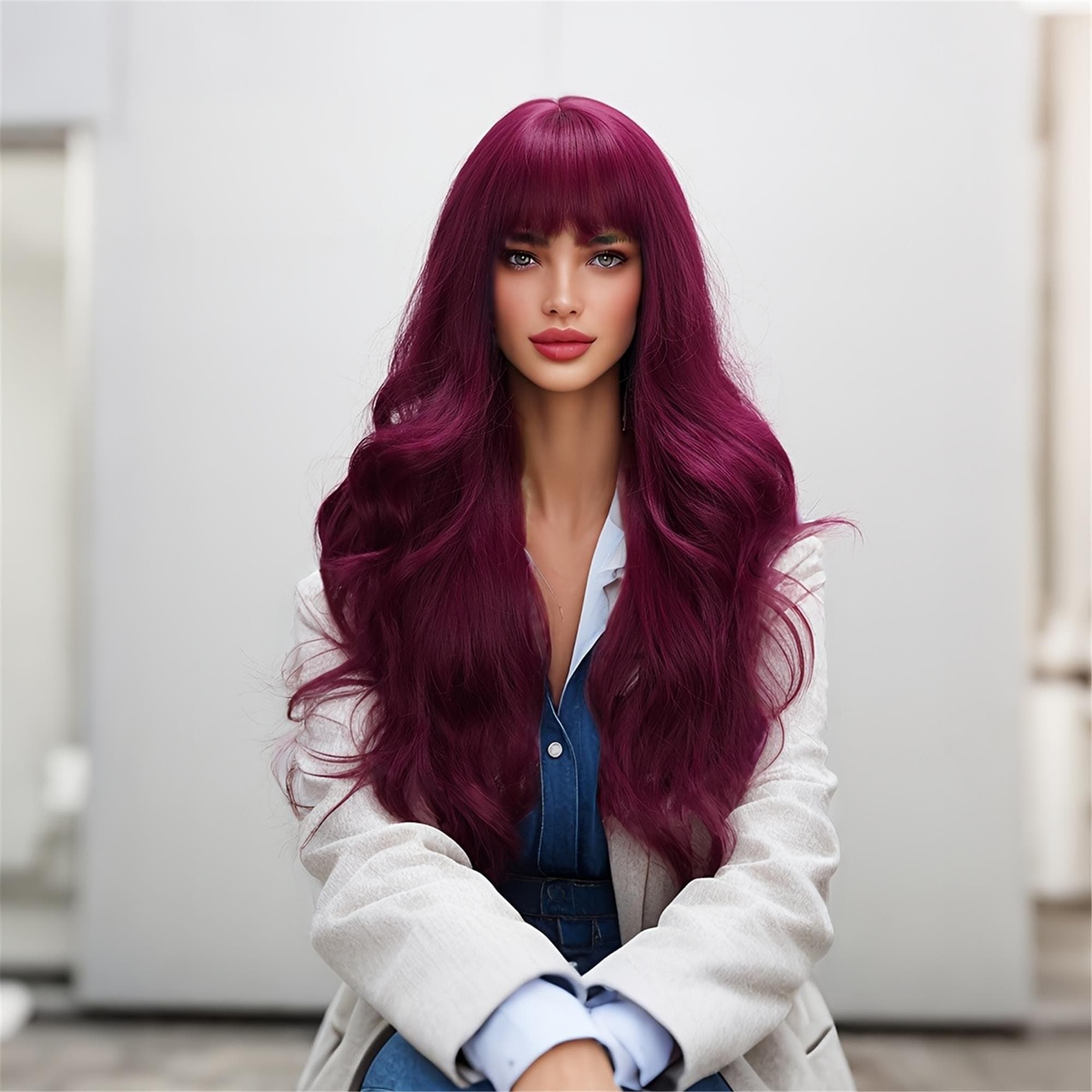 26-inch Burgundy Wavy Synthetic Wig with Bangs for Women - Heat Resistant Ideal for Casual Attire and Cosplay Wig Accessories Synthetic Wig - Thumbnail 2