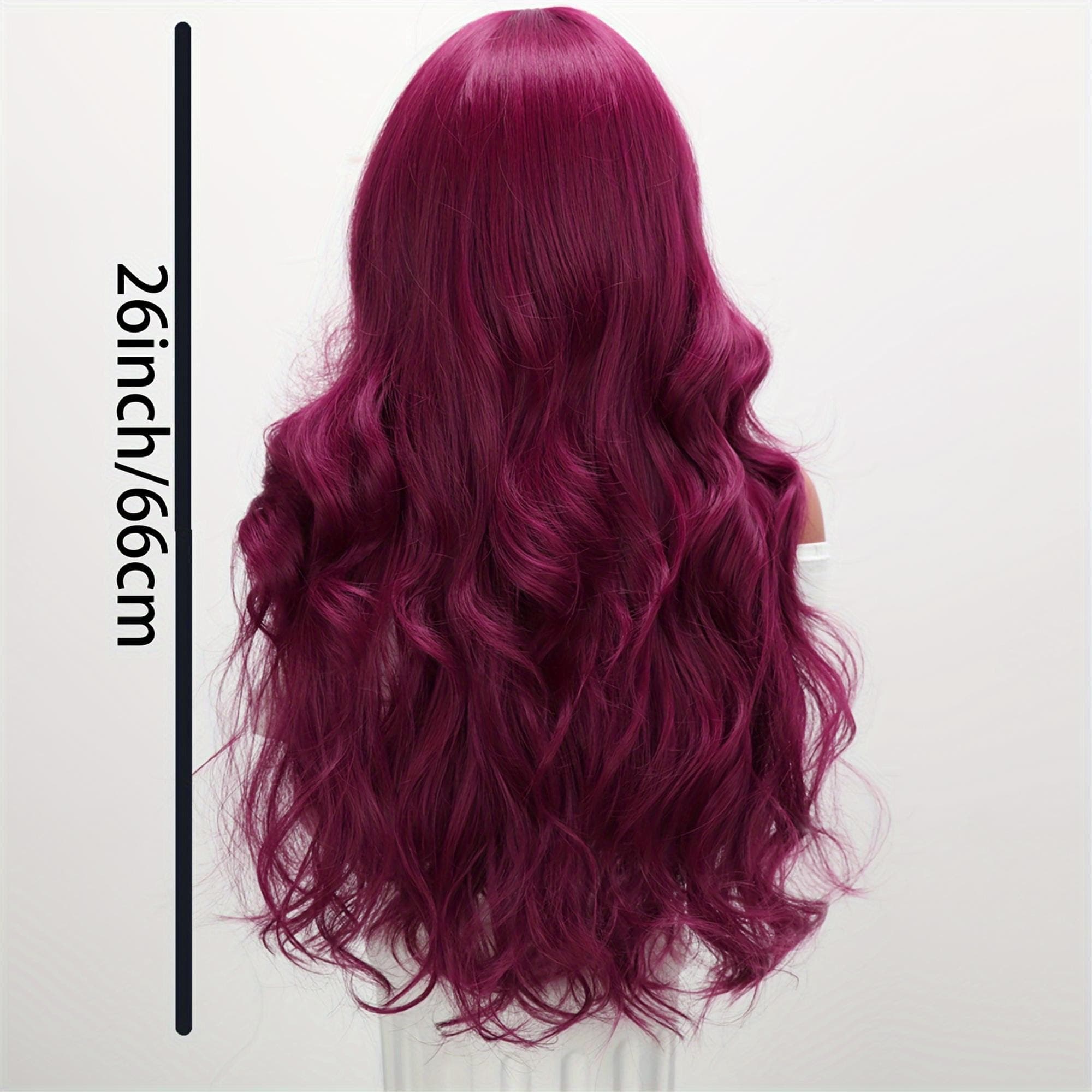 26-inch Burgundy Wavy Synthetic Wig with Bangs for Women - Heat Resistant Ideal for Casual Attire and Cosplay Wig Accessories Synthetic Wig - Thumbnail 4