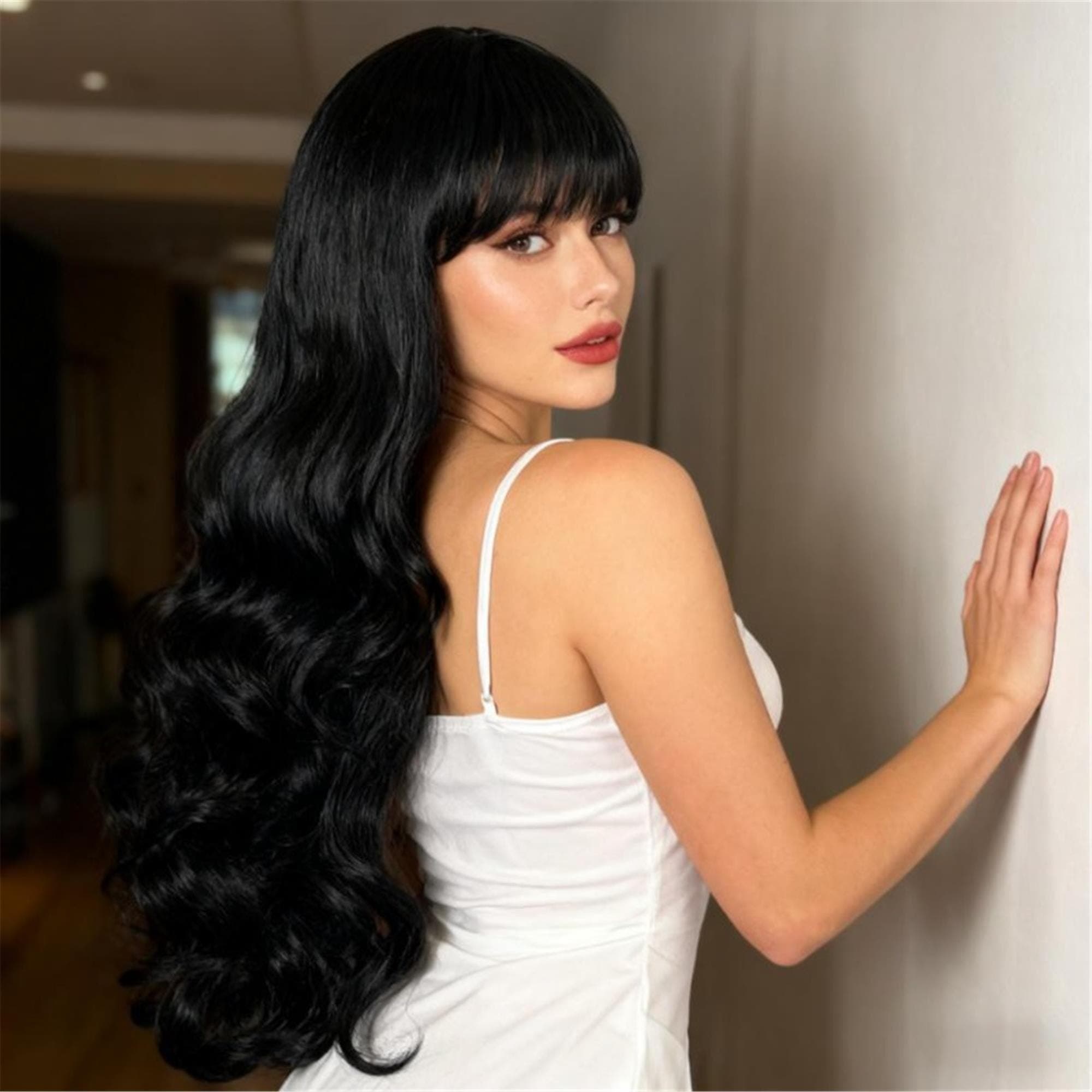 Natural Air Bangs Long Curly Wig - Synthetic Full Head Curly Hair Instant Volume Length - Thumbnail 2