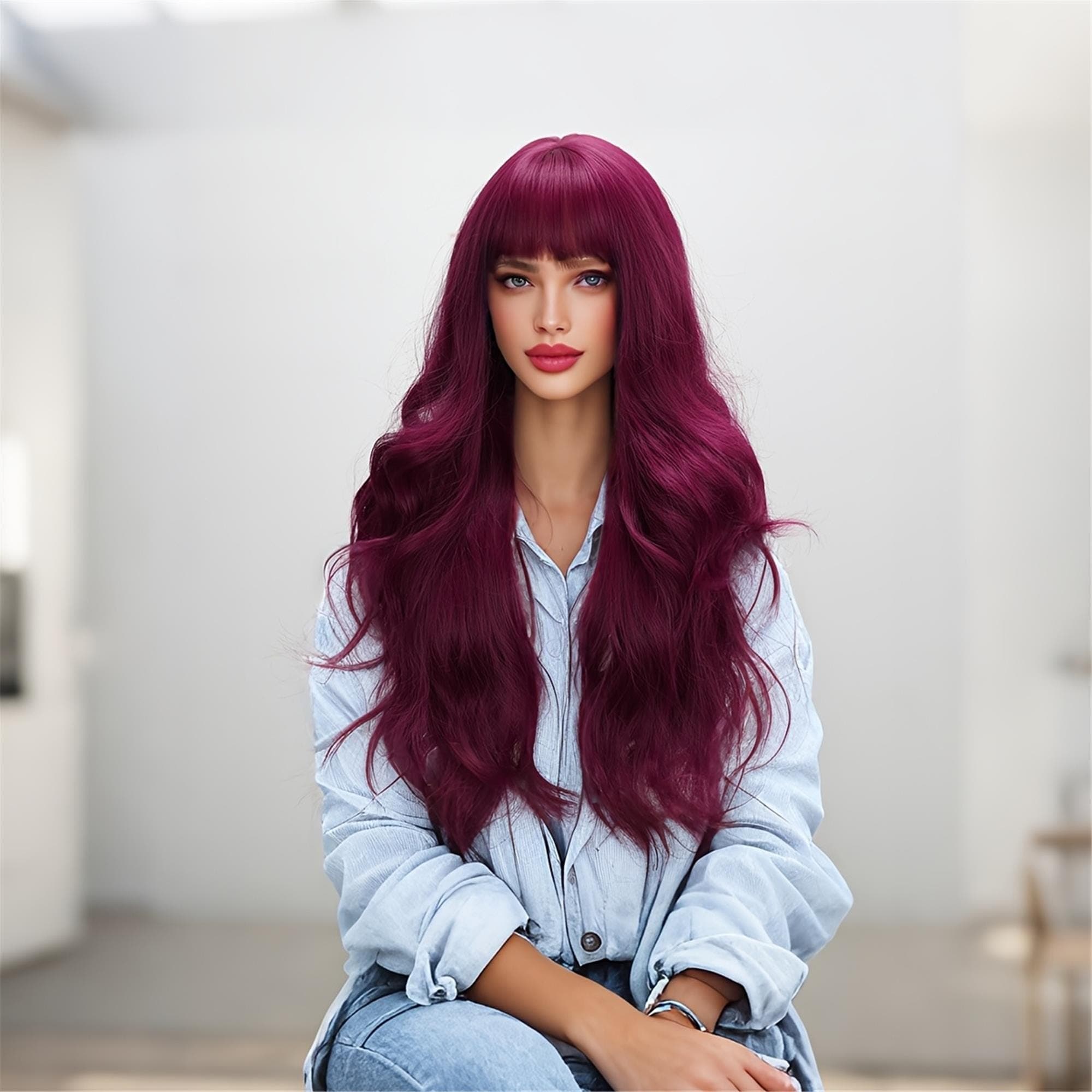 26-inch Burgundy Wavy Synthetic Wig with Bangs for Women - Heat Resistant Ideal for Casual Attire and Cosplay Wig Accessories Synthetic Wig - Thumbnail 3