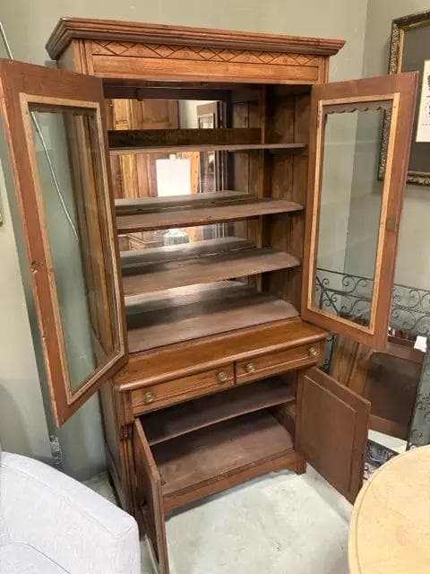 Antique Wooden Carved Bookcase with Glass Doors & 2 Drawers - Thumbnail 2