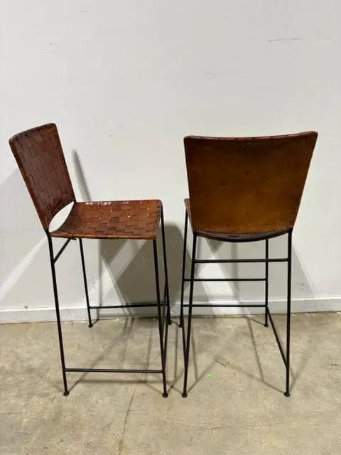 Set Of 2 Woven Brown Leather Barstools With Metal Base - Thumbnail 3