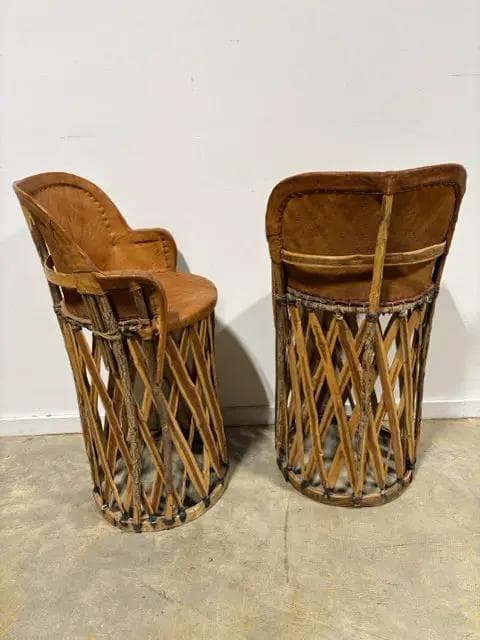 Set Of 2 Mexican Equipale Leather Bar Stools - Thumbnail 3