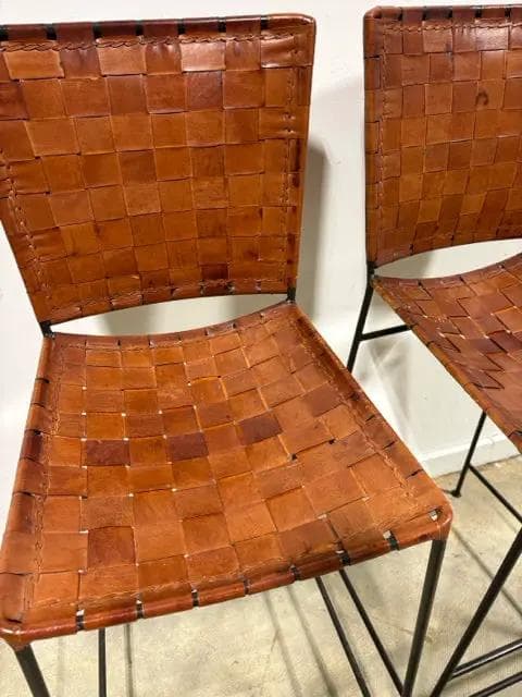 Set Of 2 Woven Brown Leather Barstools With Metal Base - Thumbnail 2