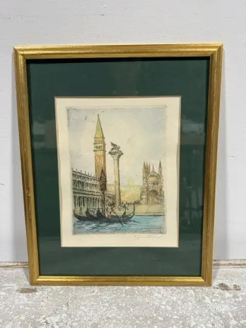 Gold Framed Signed Piazza San Marco Etching Print