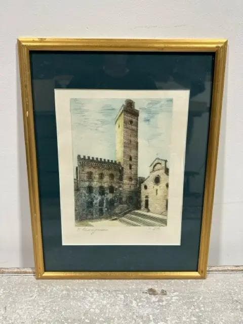 Gold Framed Signed Torre Grossa Italy Etching Print