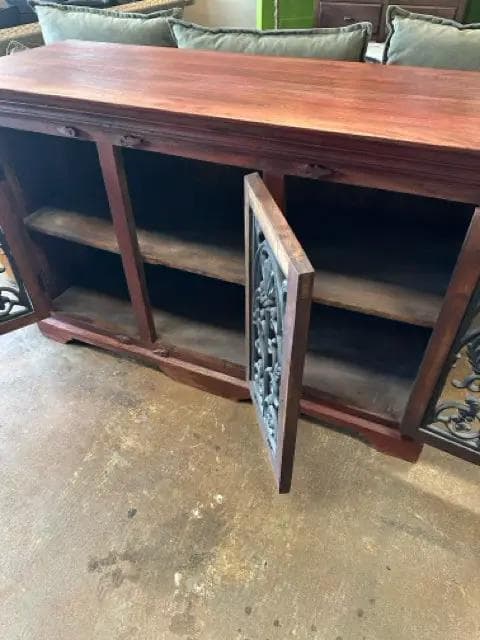 Three Door Wooden Cabinet With Wrought Iron Inserts - Thumbnail 3