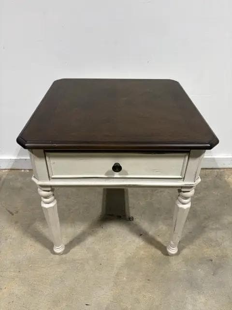 Distressed White And Brown Top Accent Table