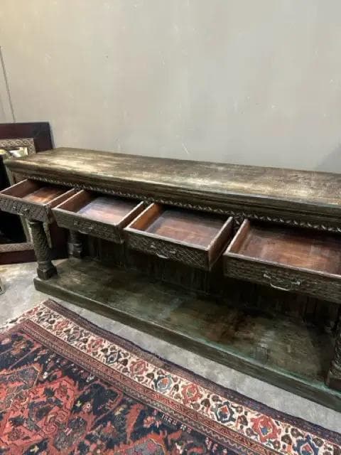 Green And Brown Distressed Carved Wood Console Table With 4 Drawers - Thumbnail 4