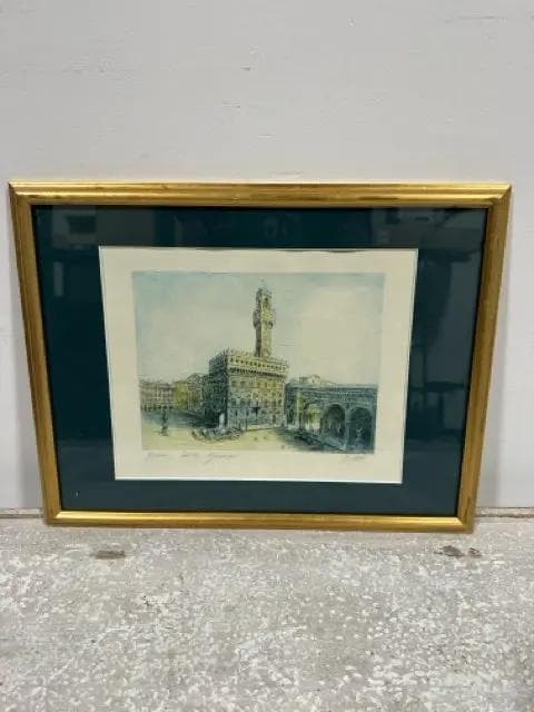 Gold Framed Signed Palazzo Vecchio Italy Etching Print