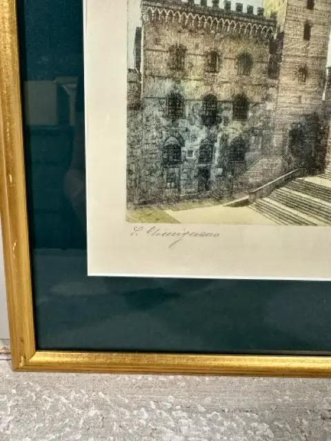 Gold Framed Signed Torre Grossa Italy Etching Print - Thumbnail 2