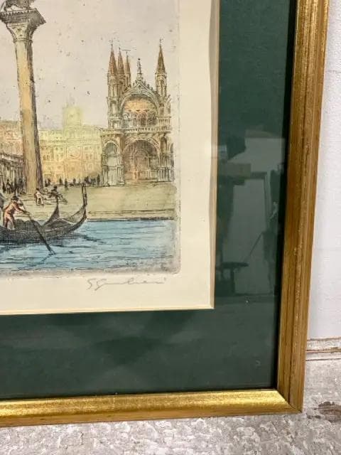 Gold Framed Signed Piazza San Marco Etching Print - Thumbnail 2