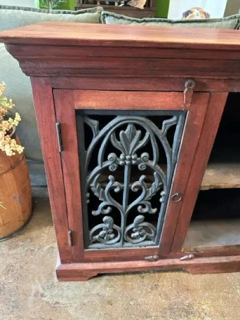 Three Door Wooden Cabinet With Wrought Iron Inserts - Thumbnail 2