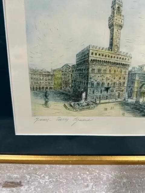 Gold Framed Signed Palazzo Vecchio Italy Etching Print - Thumbnail 2