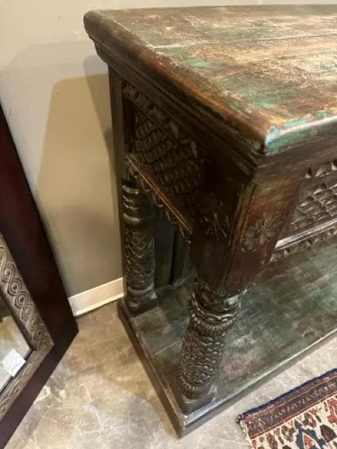 Green And Brown Distressed Carved Wood Console Table With 4 Drawers - Thumbnail 5
