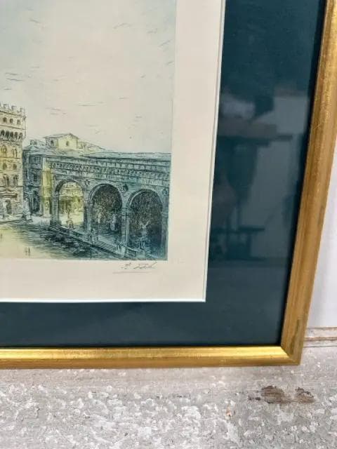 Gold Framed Signed Palazzo Vecchio Italy Etching Print - Thumbnail 3