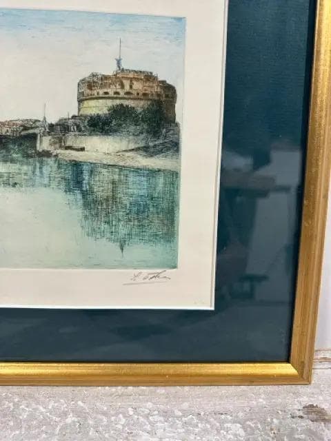 Gold Framed Signed Rome Etching Print - Thumbnail 3