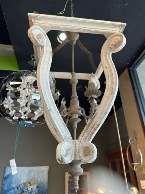 Distressed White Wood And Gold 4 Light Pendant Light Fixture - Thumbnail 2