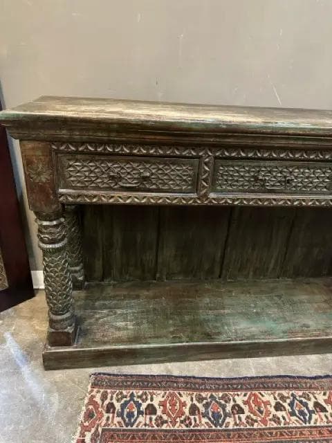 Green And Brown Distressed Carved Wood Console Table With 4 Drawers - Thumbnail 3
