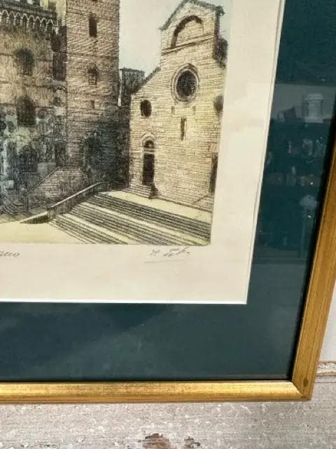 Gold Framed Signed Torre Grossa Italy Etching Print - Thumbnail 3