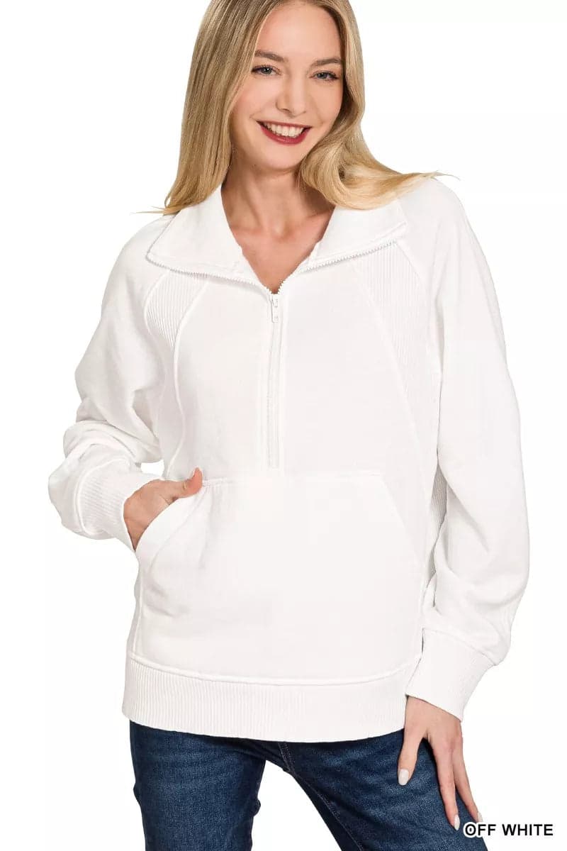 Zenana Half Zip Fleece Sweatshirt with kangaroo Pocket - OFF WHITE / S - Thumbnail 2