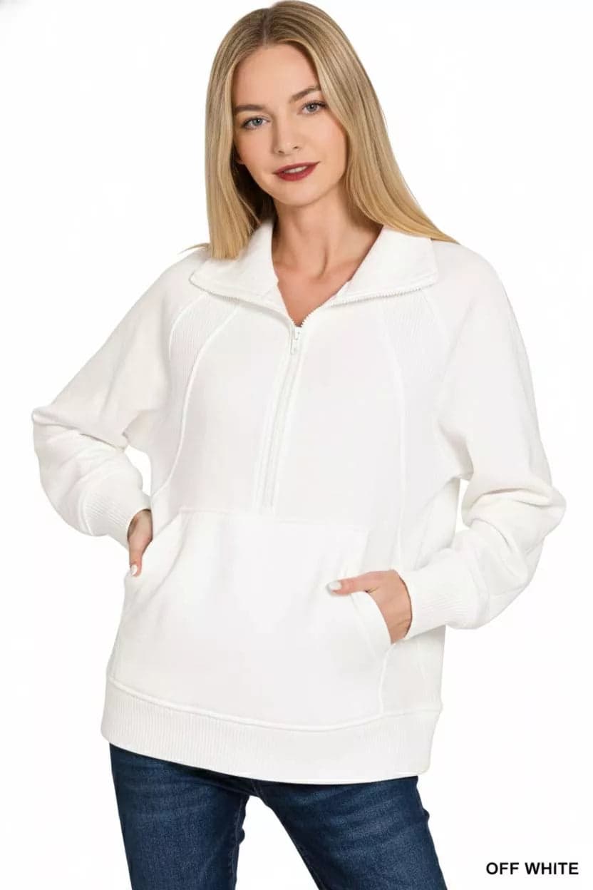 Zenana Half Zip Fleece Sweatshirt with kangaroo Pocket - OFF WHITE / M - Thumbnail 3