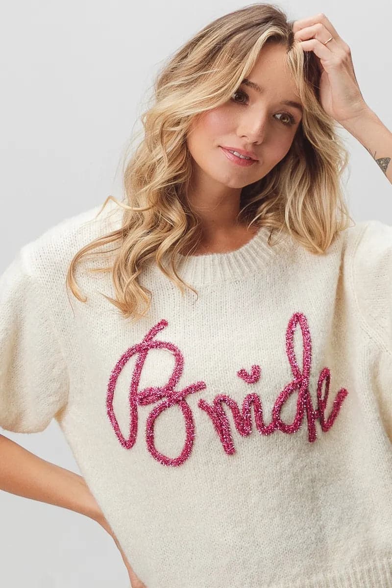 BiBi Metallic Letter Short Puff Sleeve Hairy Sweater - IVORY / L - Thumbnail 3