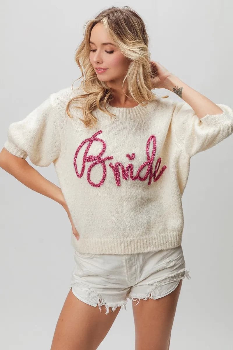 BiBi Metallic Letter Short Puff Sleeve Hairy Sweater - IVORY / XL - Thumbnail 17