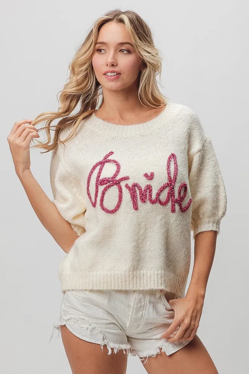 BiBi Metallic Letter Short Puff Sleeve Hairy Sweater - IVORY / L - Thumbnail 16