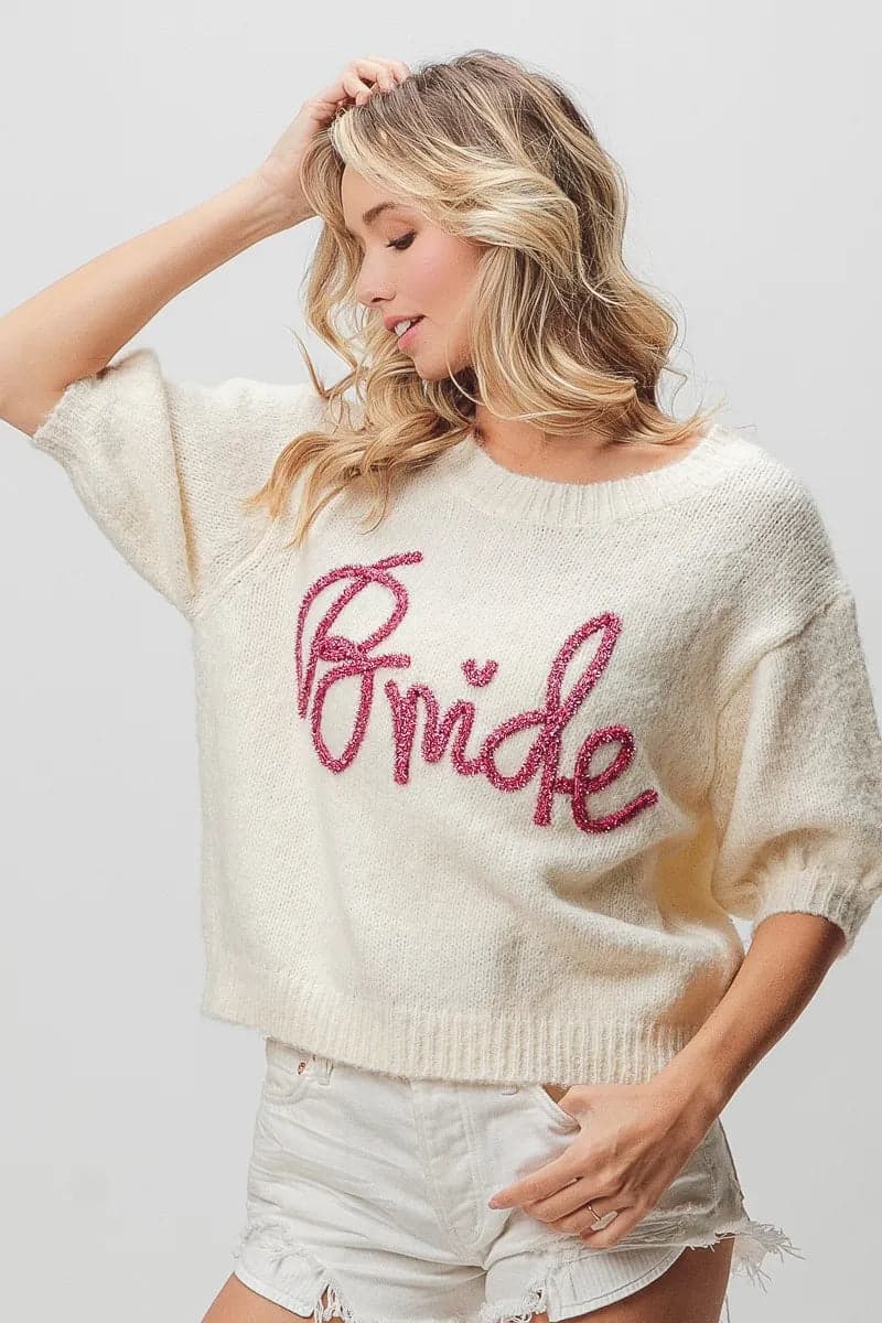 BiBi Metallic Letter Short Puff Sleeve Hairy Sweater - IVORY / XL - Thumbnail 12