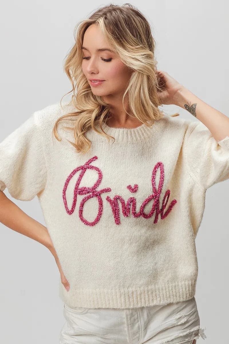 BiBi Metallic Letter Short Puff Sleeve Hairy Sweater - IVORY / S - Thumbnail 8