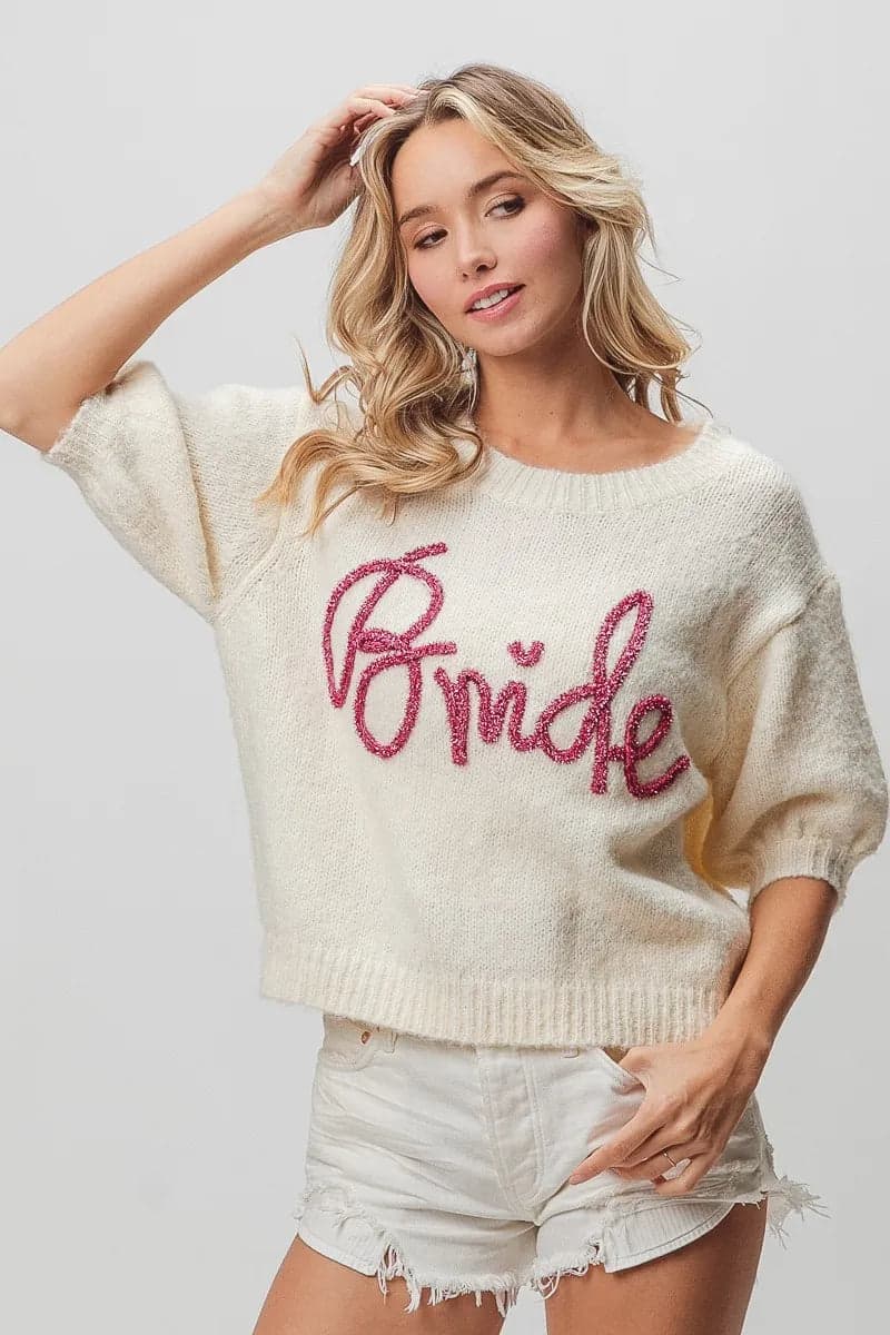 BiBi Metallic Letter Short Puff Sleeve Hairy Sweater - IVORY / S - Thumbnail 11