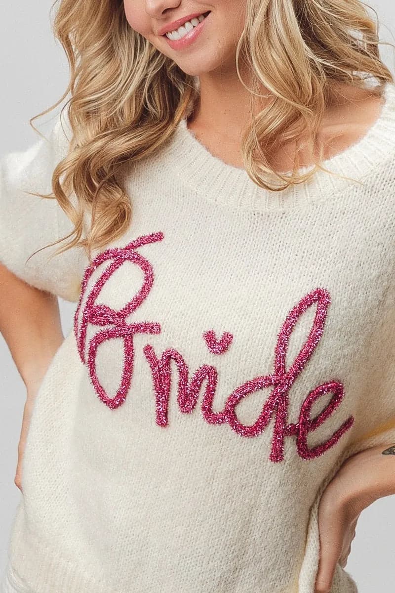 BiBi Metallic Letter Short Puff Sleeve Hairy Sweater - IVORY / S - Thumbnail 10