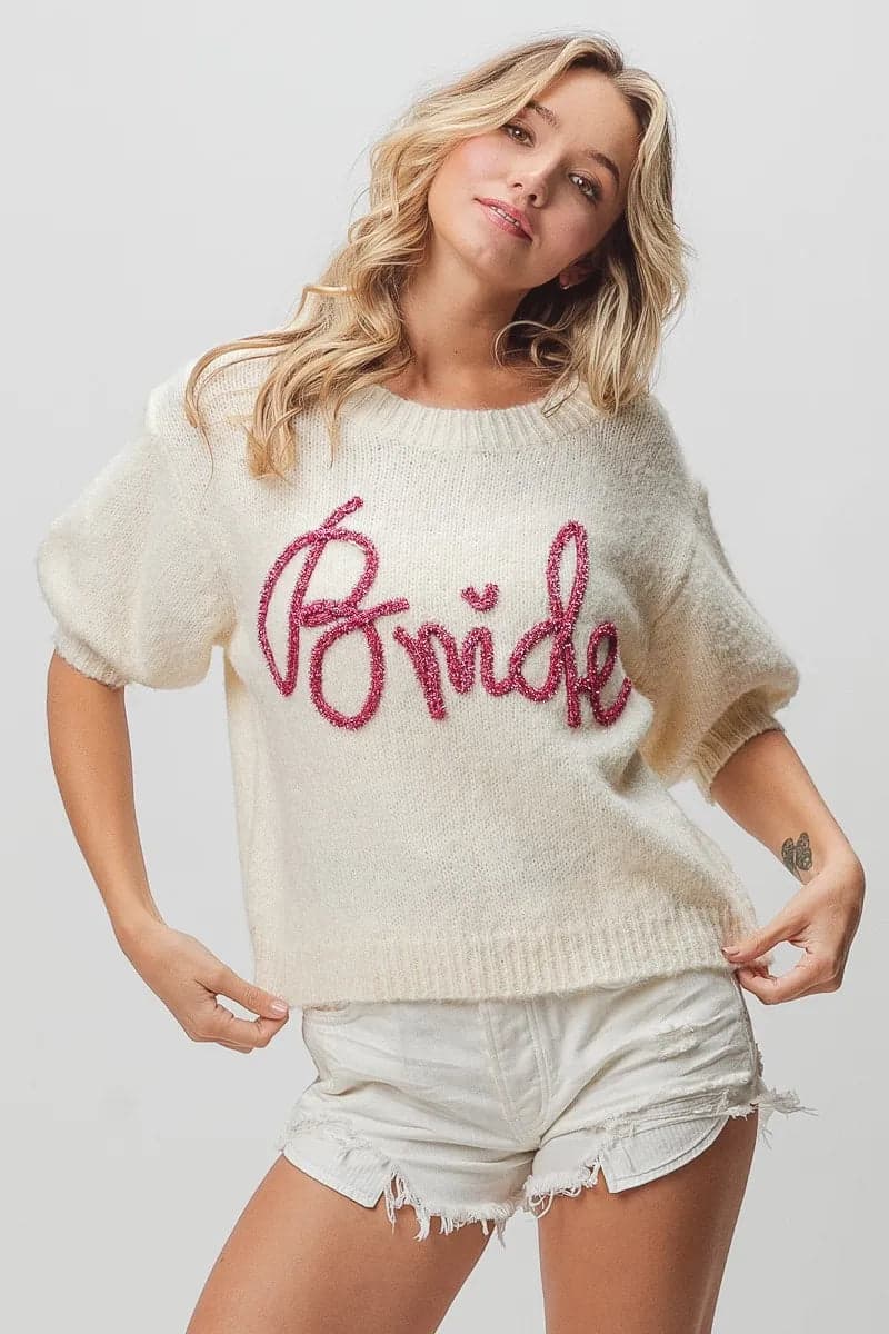 BiBi Metallic Letter Short Puff Sleeve Hairy Sweater - IVORY / S - Thumbnail 19